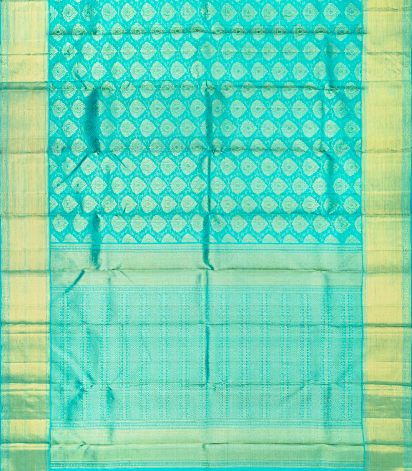 Turquoise Handloom Kanchipuram Silk Saree With Floral Motifs-Turquoise