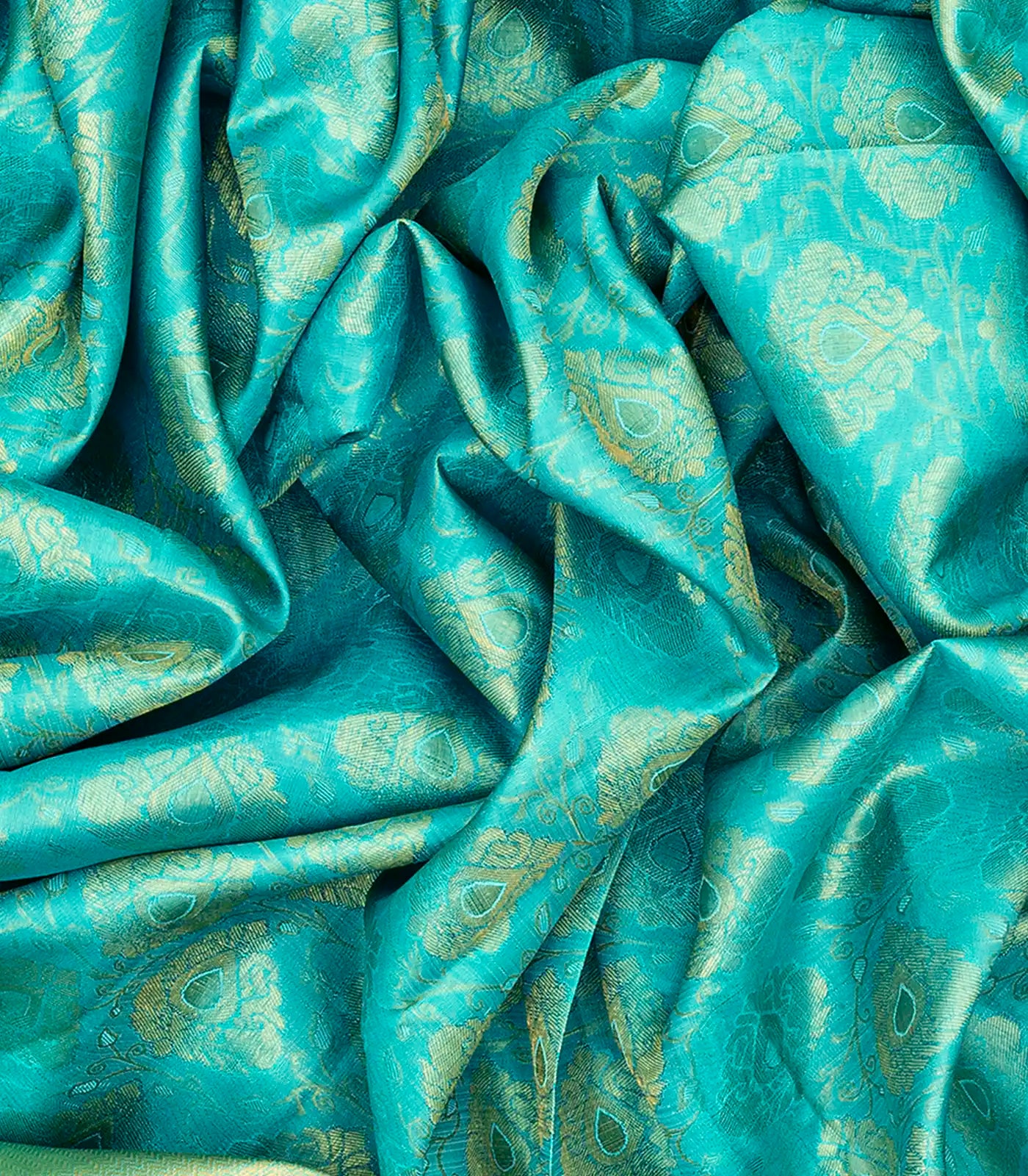 Turquoise Handloom Kanchipuram Silk Saree With Floral Motifs-Turquoise