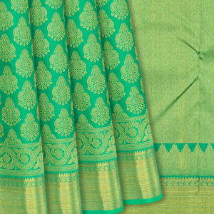 Green Handloom Kanchipuram Silk Saree With Floral Motifs-Green