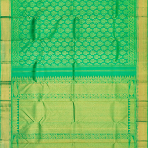 Green Handloom Kanchipuram Silk Saree With Floral Motifs-Green