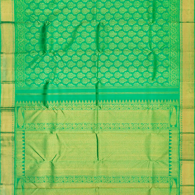 Green Handloom Kanchipuram Silk Saree With Floral Motifs-Green