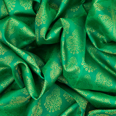 Green Handloom Kanchipuram Silk Saree With Floral Motifs-Green