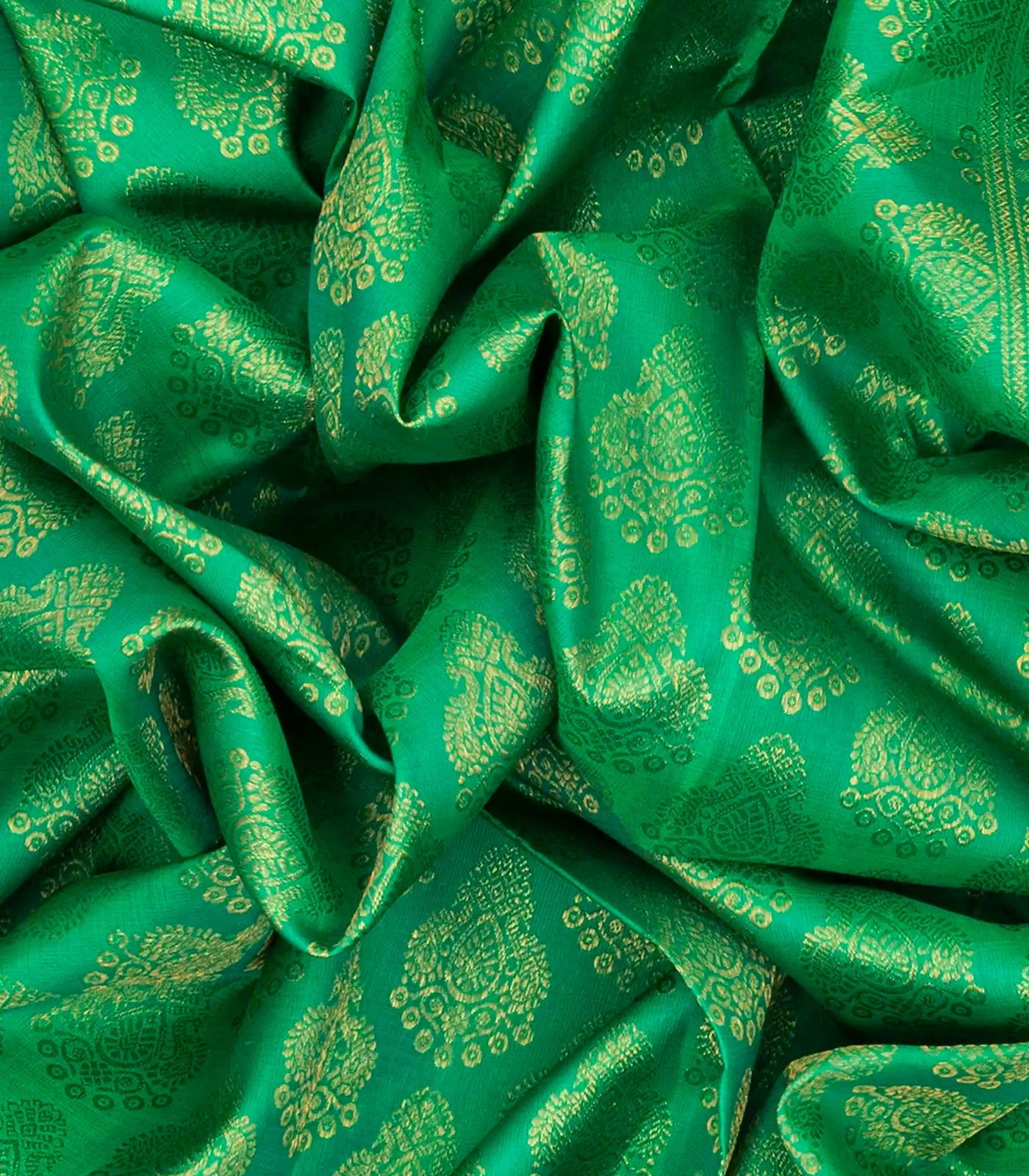 Green Handloom Kanchipuram Silk Saree With Floral Motifs-Green