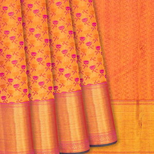 Pink Handloom Kanchipuram Silk Saree With Floral Zari Motifs-Pink