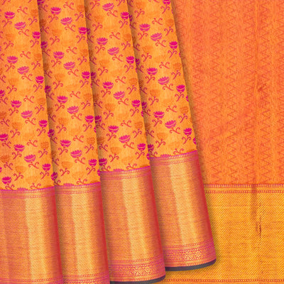Pink Handloom Kanchipuram Silk Saree With Floral Zari Motifs-Pink