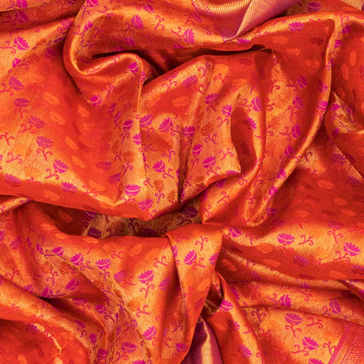 Pink Handloom Kanchipuram Silk Saree With Floral Zari Motifs-Pink