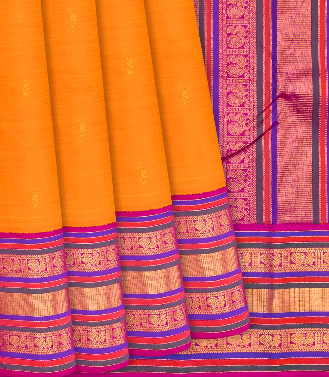 Mango Yellow Handloom Kanchipuram Korvai Silk Saree With Mango Motifs-Mango Yellow