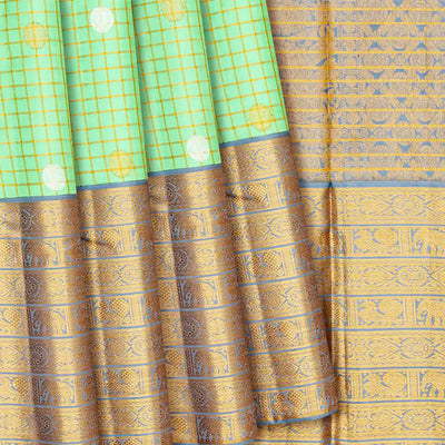Mint Green Handloom Kanchipuram Korvai Silk Saree With Chakaram Motifs-Mint Green