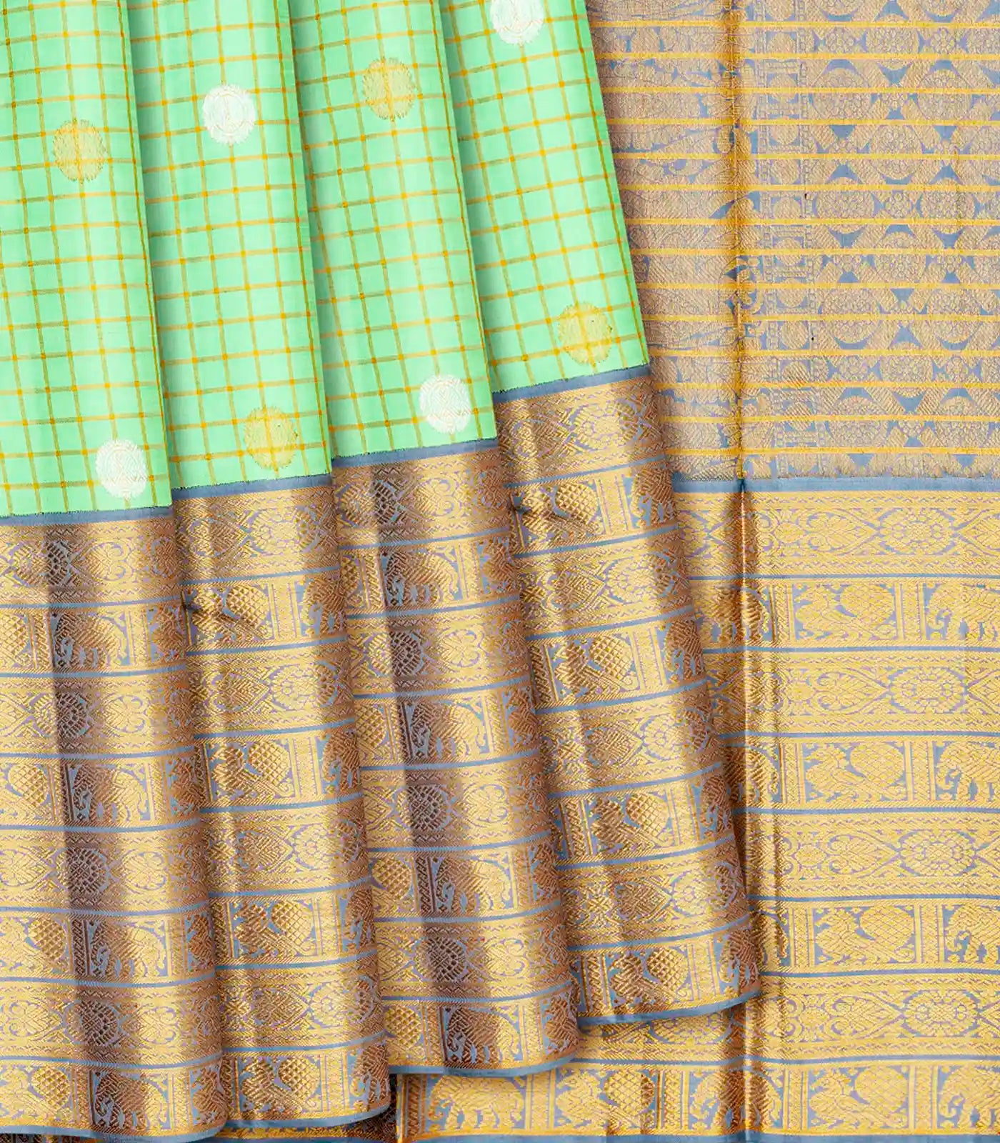 Mint Green Handloom Kanchipuram Korvai Silk Saree With Chakaram Motifs-Mint Green