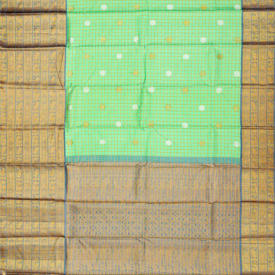 Mint Green Handloom Kanchipuram Korvai Silk Saree With Chakaram Motifs-Mint Green