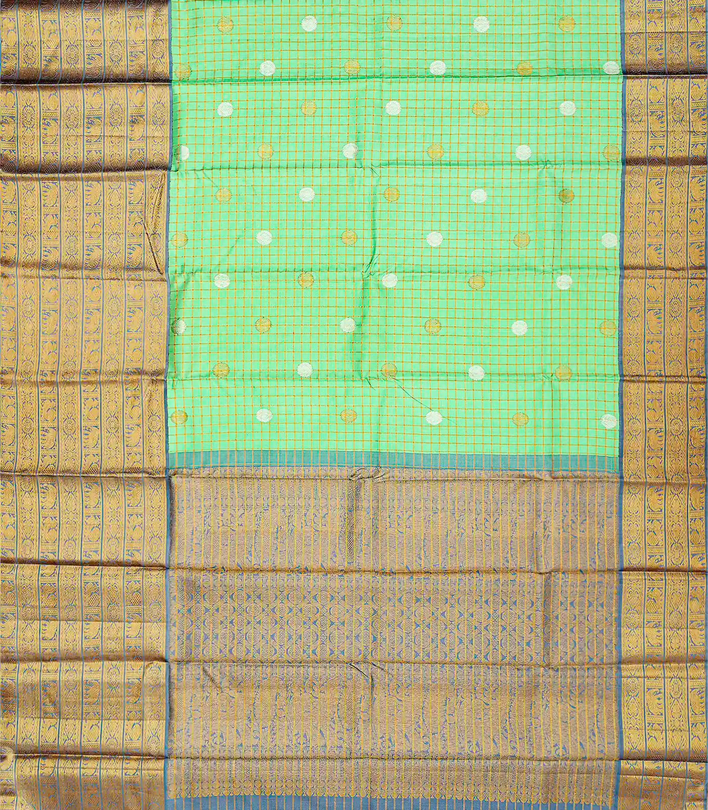 Mint Green Handloom Kanchipuram Korvai Silk Saree With Chakaram Motifs-Mint Green