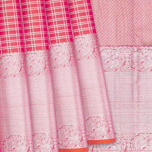 Red Handloom Kanchipuram Korvai Silk Saree With Checksevening morning zari border and pallu-Red