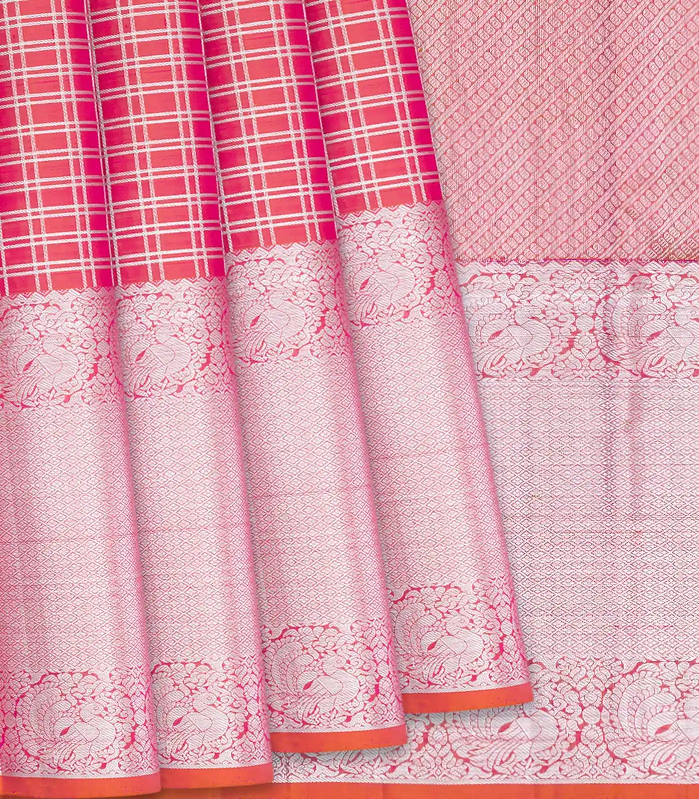 Red Handloom Kanchipuram Korvai Silk Saree With Checksevening morning zari border and pallu-Red