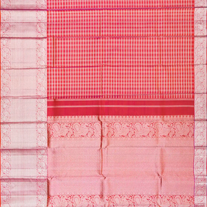 Red Handloom Kanchipuram Korvai Silk Saree With Checksevening morning zari border and pallu-Red