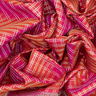 Red Handloom Kanchipuram Korvai Silk Saree With Checksevening morning zari border and pallu-Red