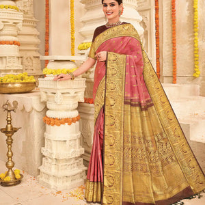 Scarlet Handloom Kanchipuram natural dyed silk saree with lord krishna motifs