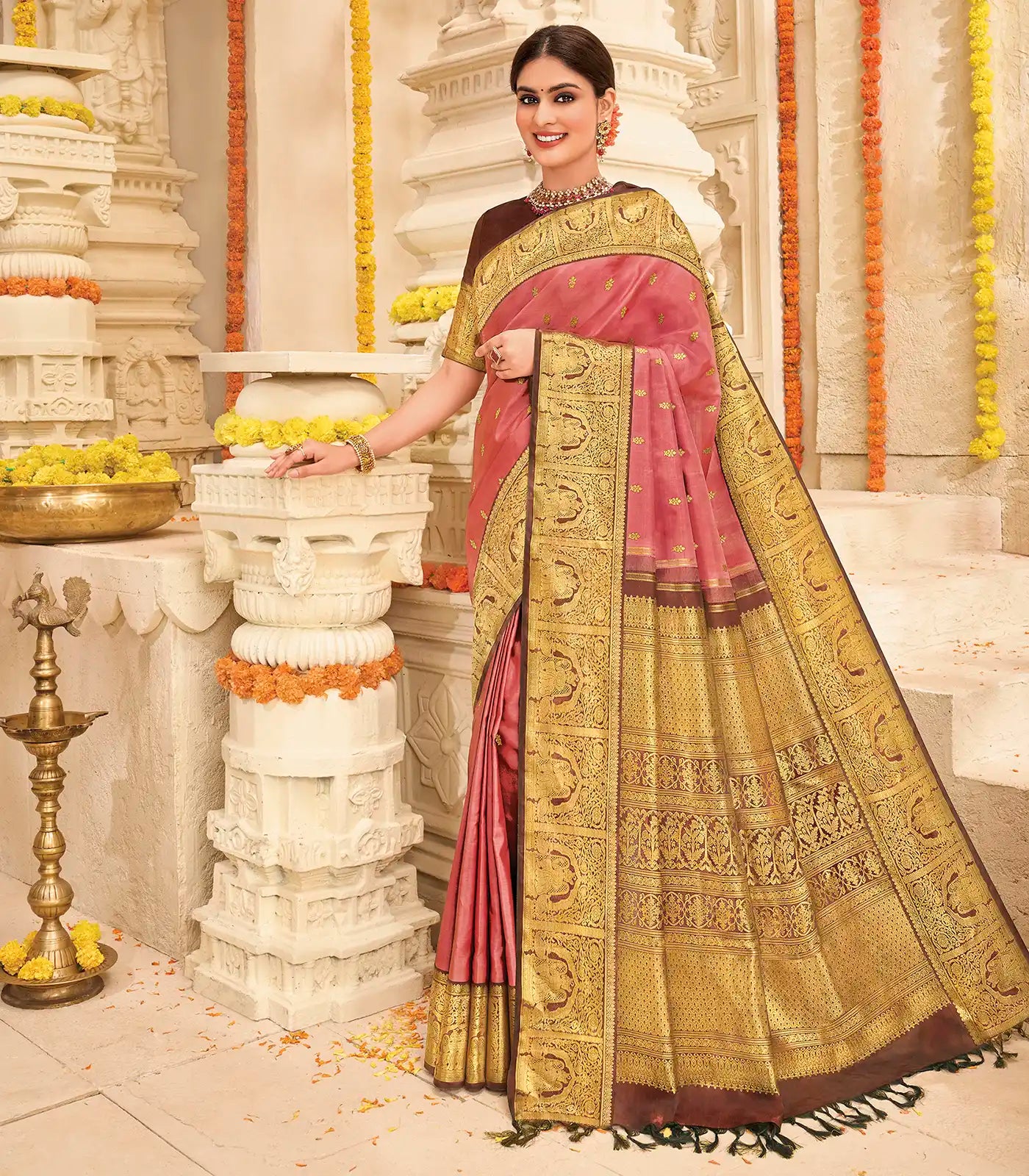 Scarlet Handloom Kanchipuram natural dyed silk saree with lord krishna motifs