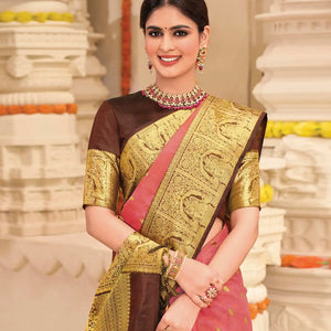 Scarlet Handloom Kanchipuram natural dyed silk saree with lord krishna motifs