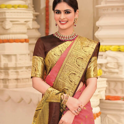 Scarlet Handloom Kanchipuram natural dyed silk saree with lord krishna motifs