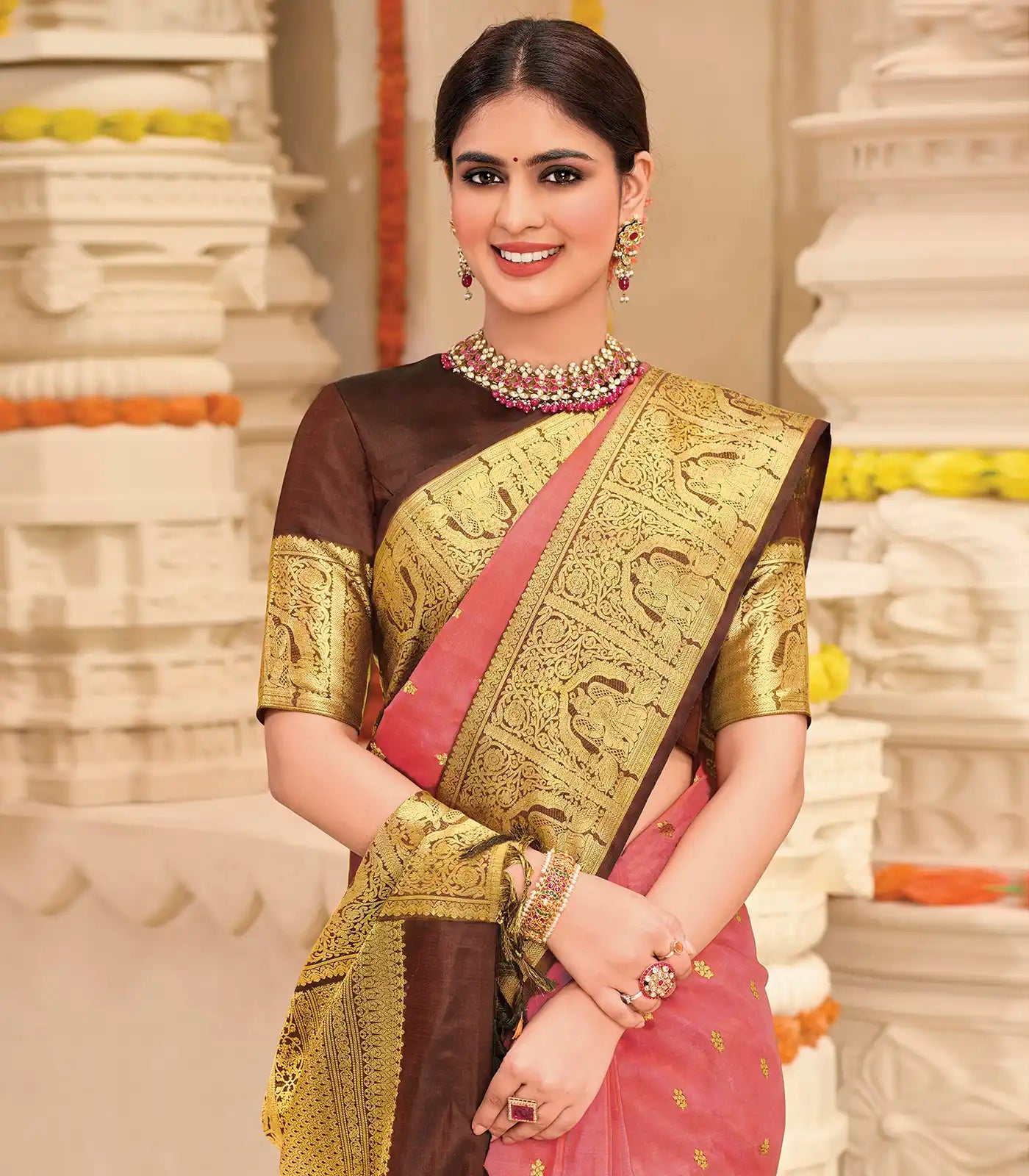 Scarlet Handloom Kanchipuram natural dyed silk saree with lord krishna motifs