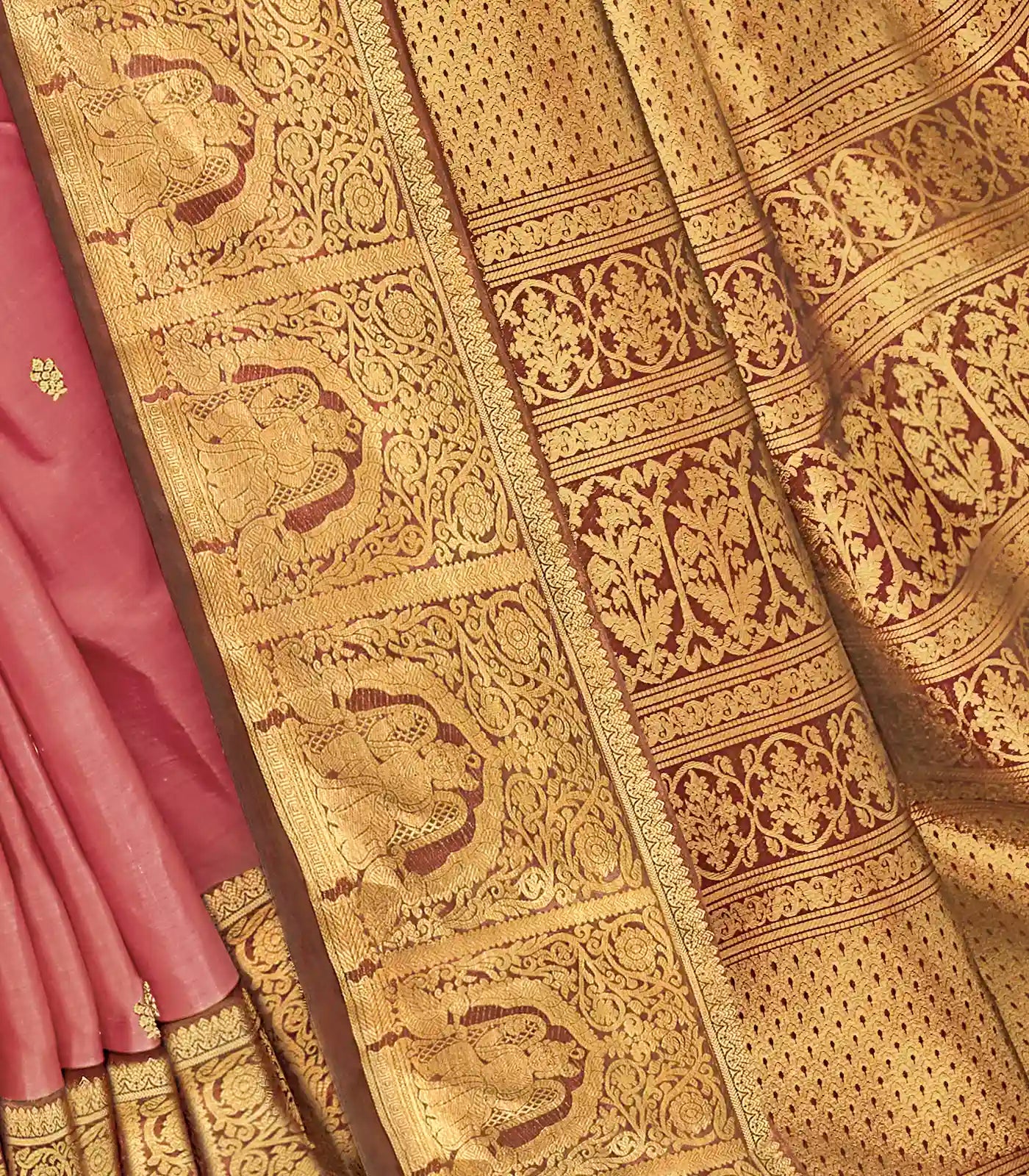 Scarlet Handloom Kanchipuram natural dyed silk saree with lord krishna motifs