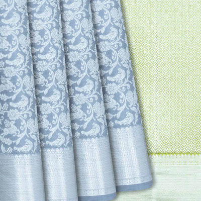 Grey  Handwoven  Kanchipuram  Silk Saree  With Floral,  Peacock,  Annam and  Elephant Motifs In Silver Zari