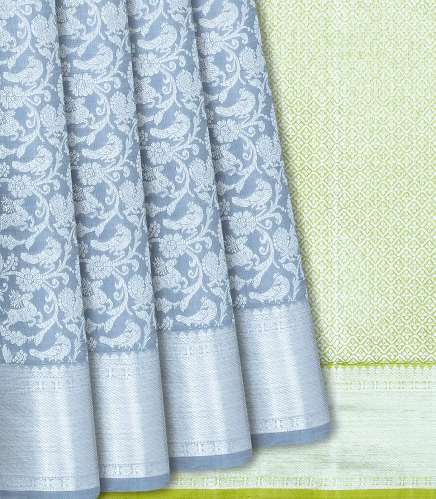 Grey  Handwoven  Kanchipuram  Silk Saree  With Floral,  Peacock,  Annam and  Elephant Motifs In Silver Zari