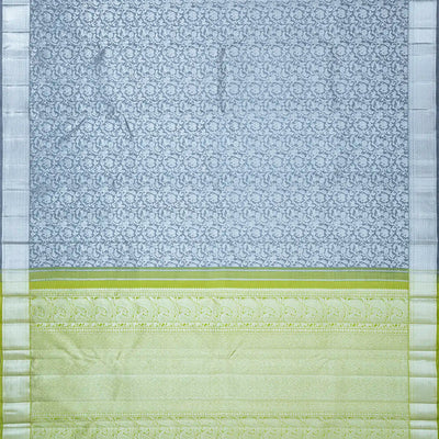 Grey  Handwoven  Kanchipuram  Silk Saree  With Floral,  Peacock,  Annam and  Elephant Motifs In Silver Zari