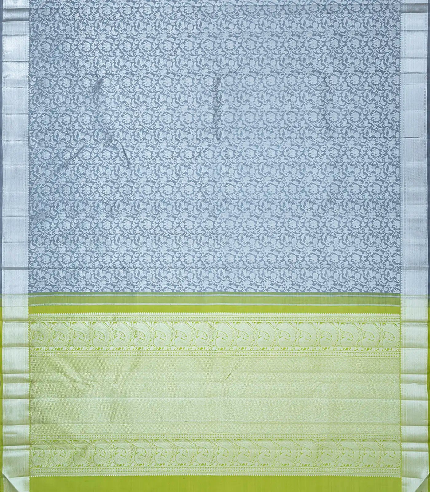 Grey  Handwoven  Kanchipuram  Silk Saree  With Floral,  Peacock,  Annam and  Elephant Motifs In Silver Zari