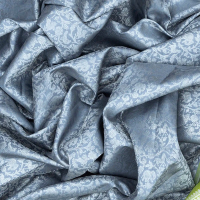 Grey  Handwoven  Kanchipuram  Silk Saree  With Floral,  Peacock,  Annam and  Elephant Motifs In Silver Zari