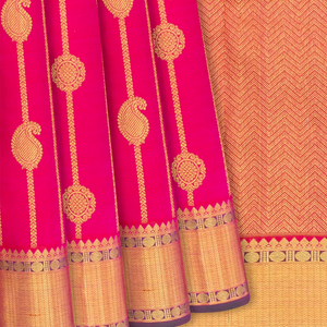 Hot Pink Handloom Kanchipuram Silk Saree With Mango Motif Stripes-Hot Pink