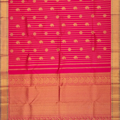 Hot Pink Handloom Kanchipuram Silk Saree With Mango Motif Stripes-Hot Pink