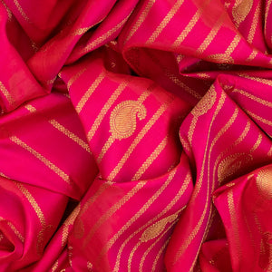 Hot Pink Handloom Kanchipuram Silk Saree With Mango Motif Stripes-Hot Pink