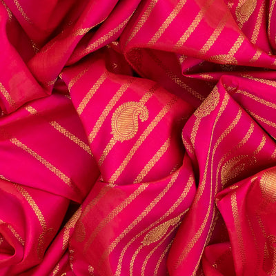 Hot Pink Handloom Kanchipuram Silk Saree With Mango Motif Stripes-Hot Pink