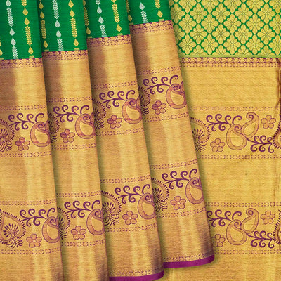 Green Handloom Kanchipuram Silk Saree With Zari Stripes-Green