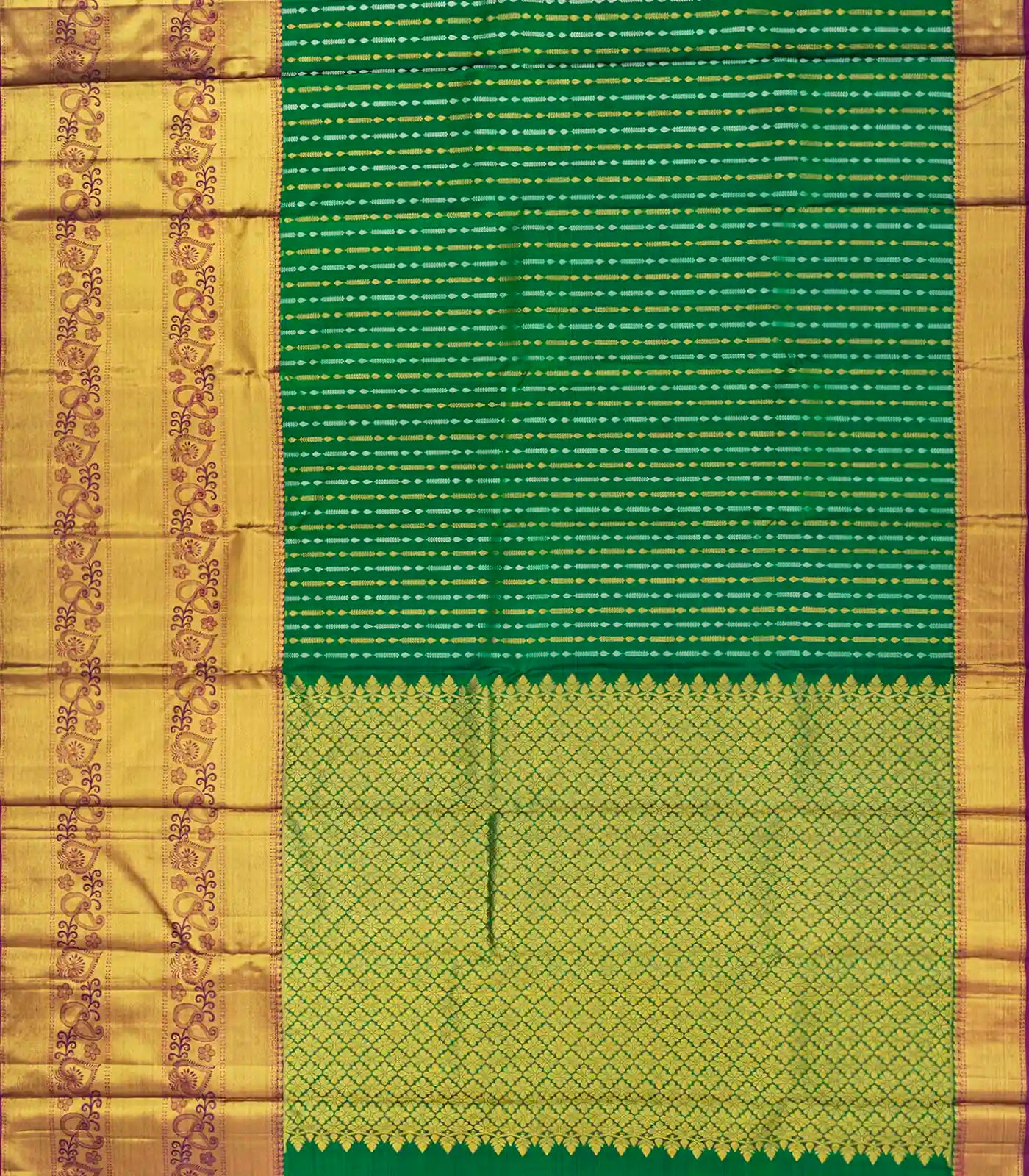 Green Handloom Kanchipuram Silk Saree With Zari Stripes-Green