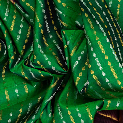 Green Handloom Kanchipuram Silk Saree With Zari Stripes-Green