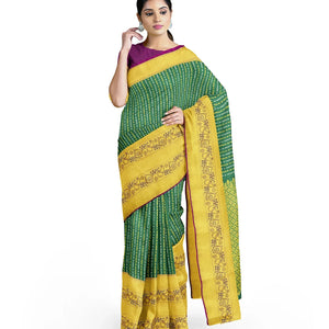 Green Handloom Kanchipuram Silk Saree With Zari Stripes-Green