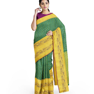 Green Handloom Kanchipuram Silk Saree With Zari Stripes-Green