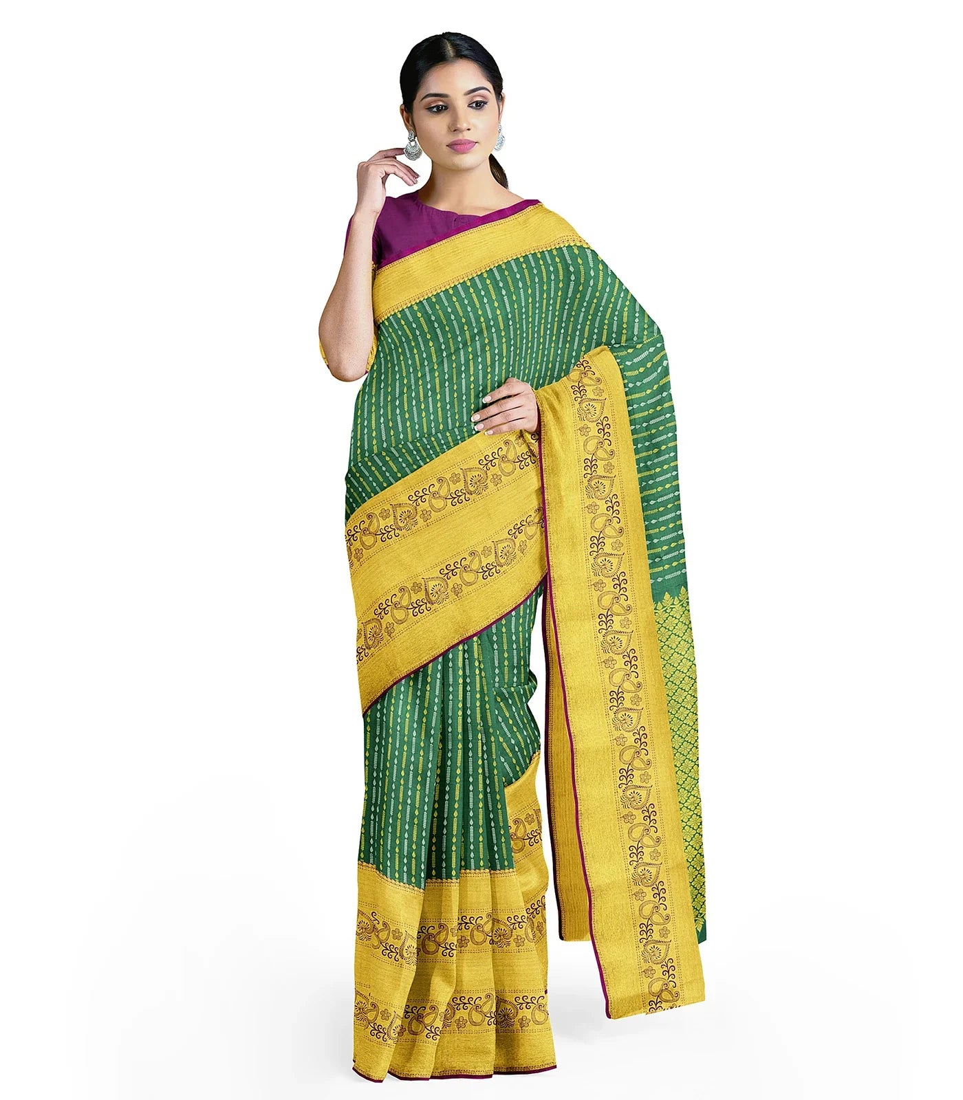 Green Handloom Kanchipuram Silk Saree With Zari Stripes-Green