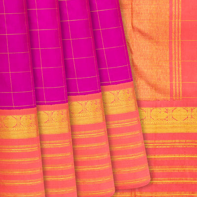 Hot Pink Handloom Kanchipuram Korvai Silk Saree With Checks-Hot Pink