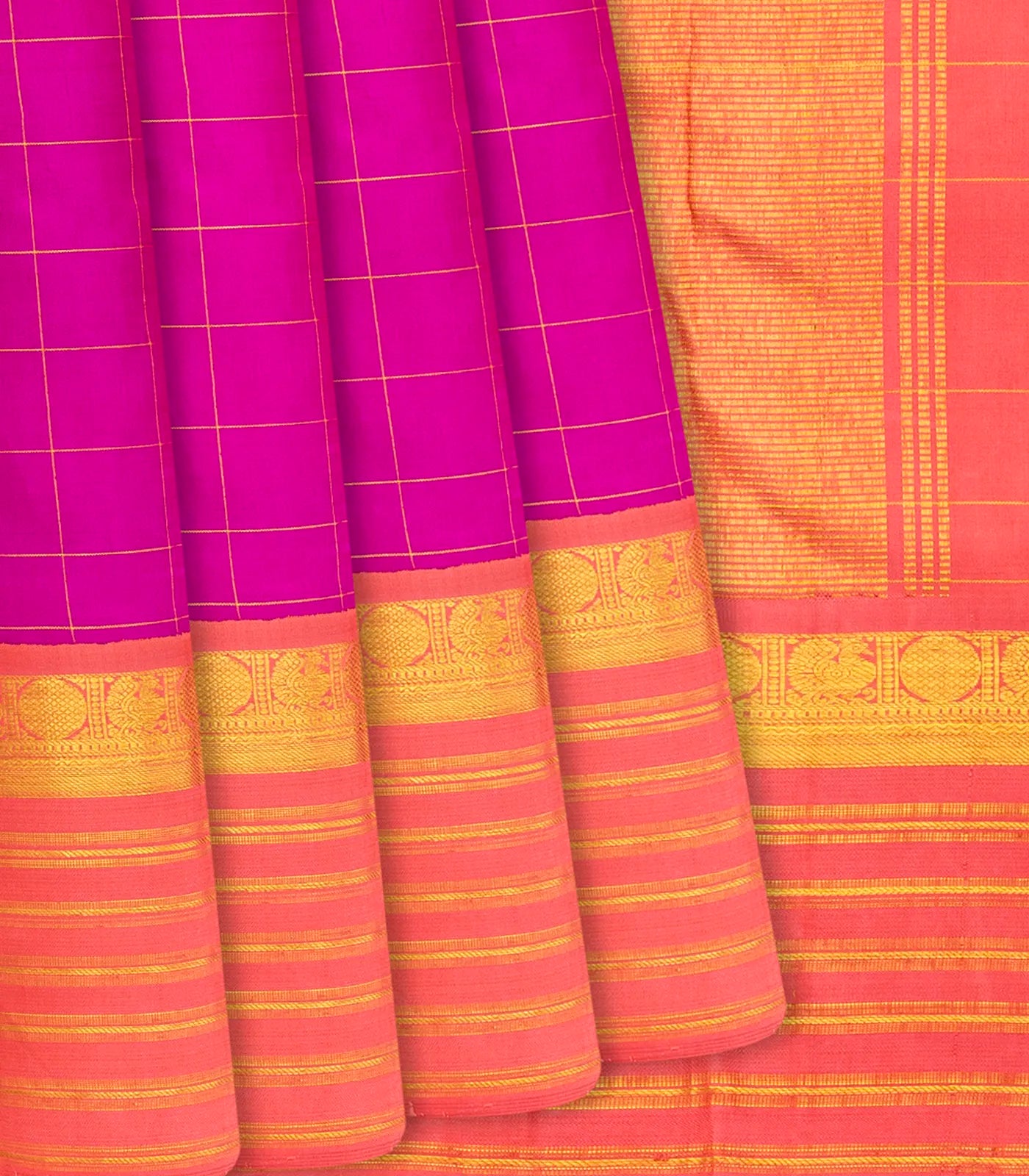 Hot Pink Handloom Kanchipuram Korvai Silk Saree With Checks-Hot Pink