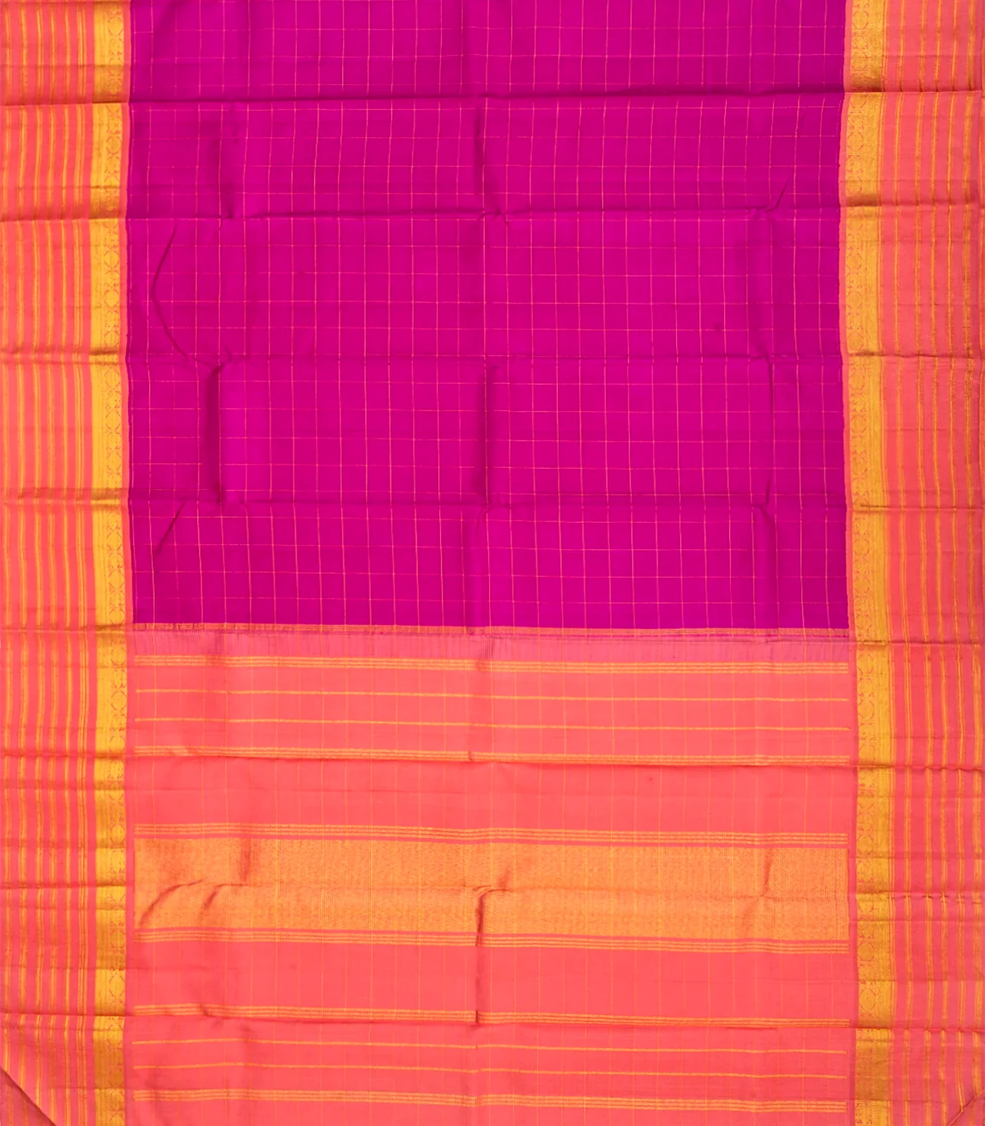 Hot Pink Handloom Kanchipuram Korvai Silk Saree With Checks-Hot Pink