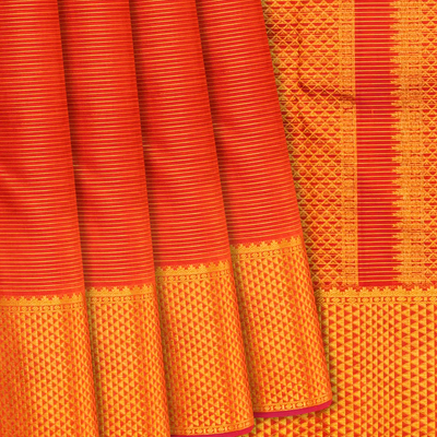 Orange Handloom Kanchipuram Vairaoosi Silk Saree With Half Diamond Border-Orange