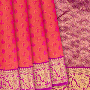 Orange Handloom Kanchipuram Silk Saree With Floral Motifs-Rust