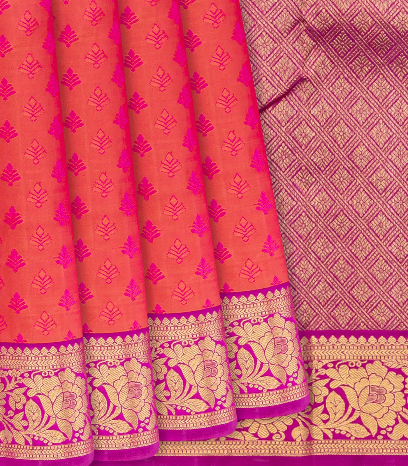 Orange Handloom Kanchipuram Silk Saree With Floral Motifs-Rust