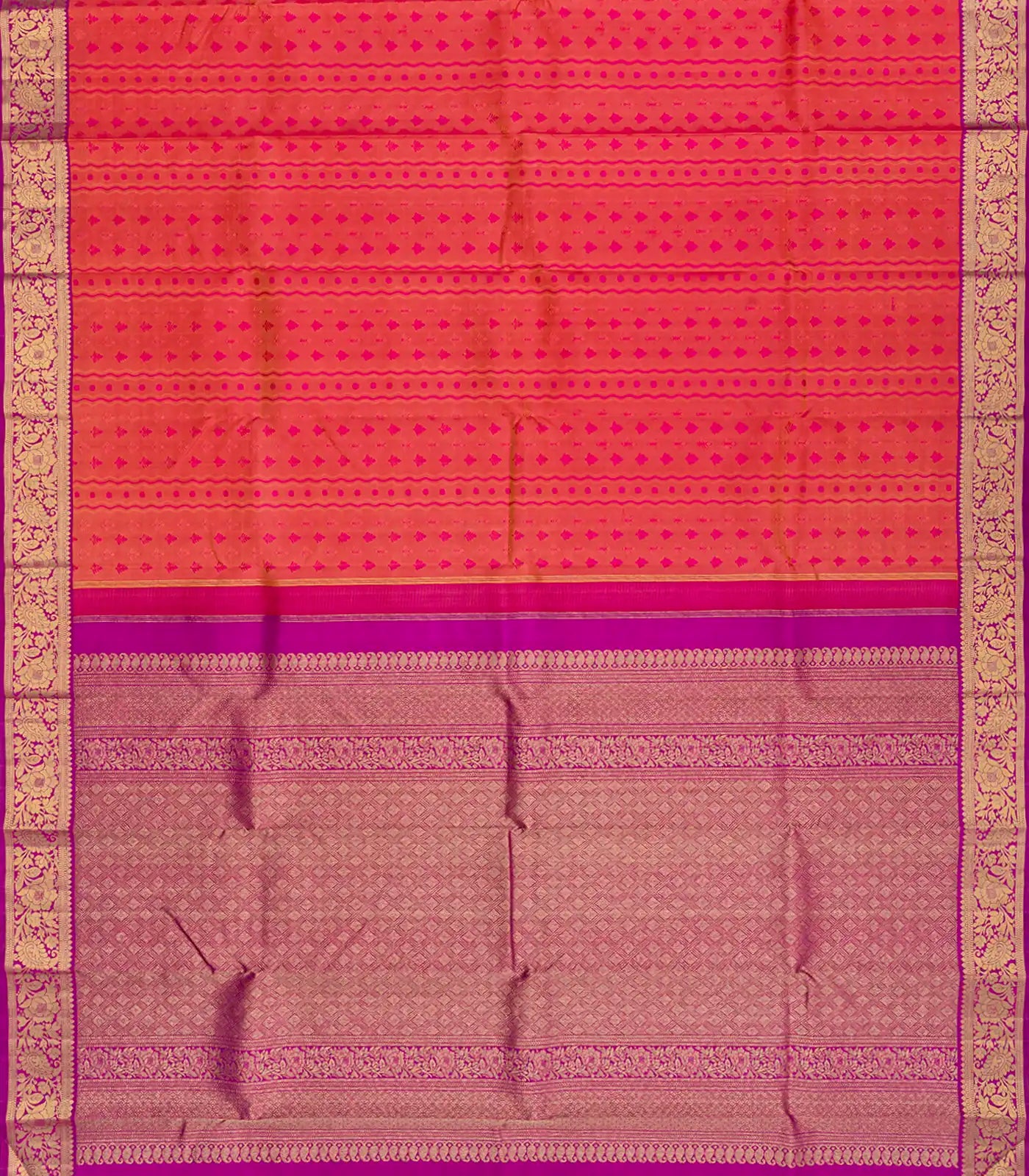 Orange Handloom Kanchipuram Silk Saree With Floral Motifs-Rust