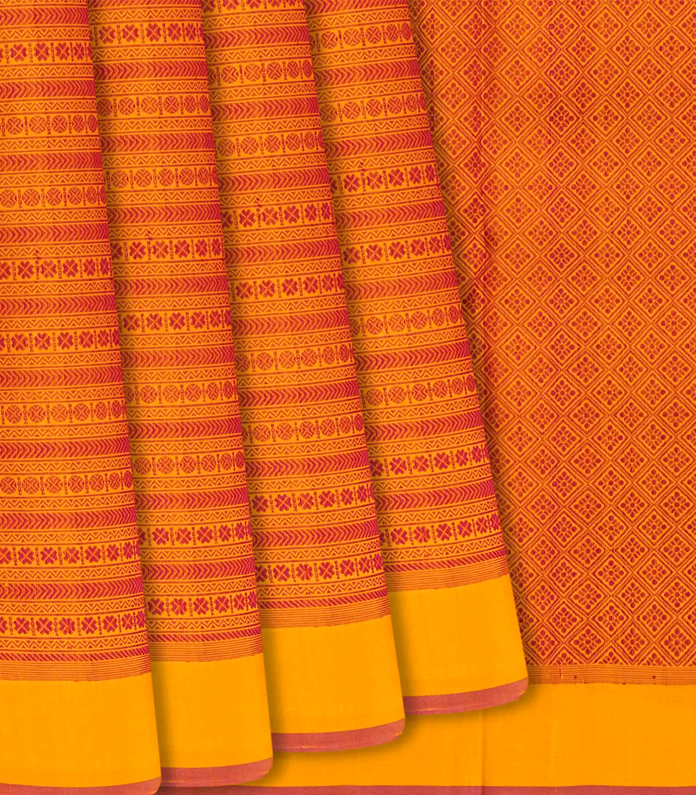 Mustard Handloom Kanchipuram Silk Saree With Traditional Motifs-Mustard