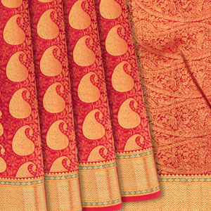 Crimson Handloom Kanchipuram Silk Saree With Mango Zari Motifs-Crimson