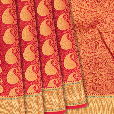 Crimson Handloom Kanchipuram Silk Saree With Mango Zari Motifs-Crimson